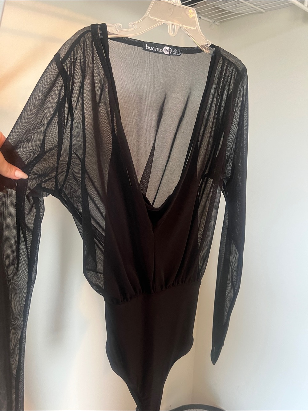 Boohoo Black Sheer Mesh Deep V Bodysuit